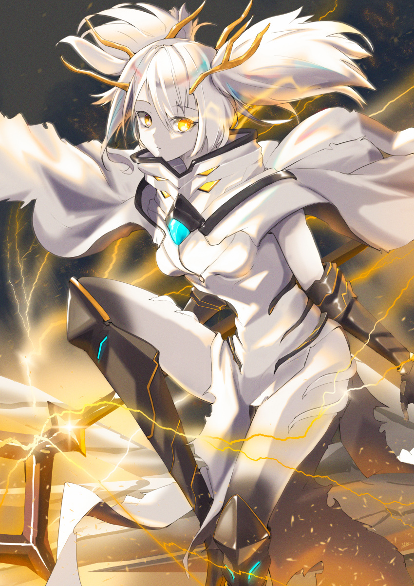 1girl absurdres alchemy_stars armor armored_boots bangs boots cape closed_mouth electricity gauntlets glowing glowing_eye highres holding holding_weapon huge_filesize kurutreite pale_skin pelvic_curtain requiem_(alchemy_stars) short_twintails solo twintails weapon white_cape white_hair yellow_eyes