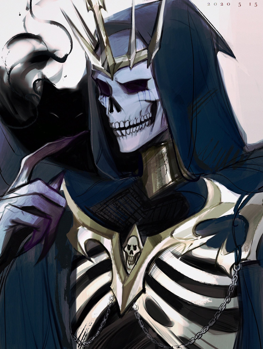 1boy 1other black_cape borrowed_character cape chain colored_skin crown dated english_commentary eye_socket fingernails grey_skin highres hood hood_up hooded_cape lich long_fingernails makeup mascara nnnadaline no_eyes original runny_makeup skeleton skull solo_focus vroscaz_(pirate_cashoo)