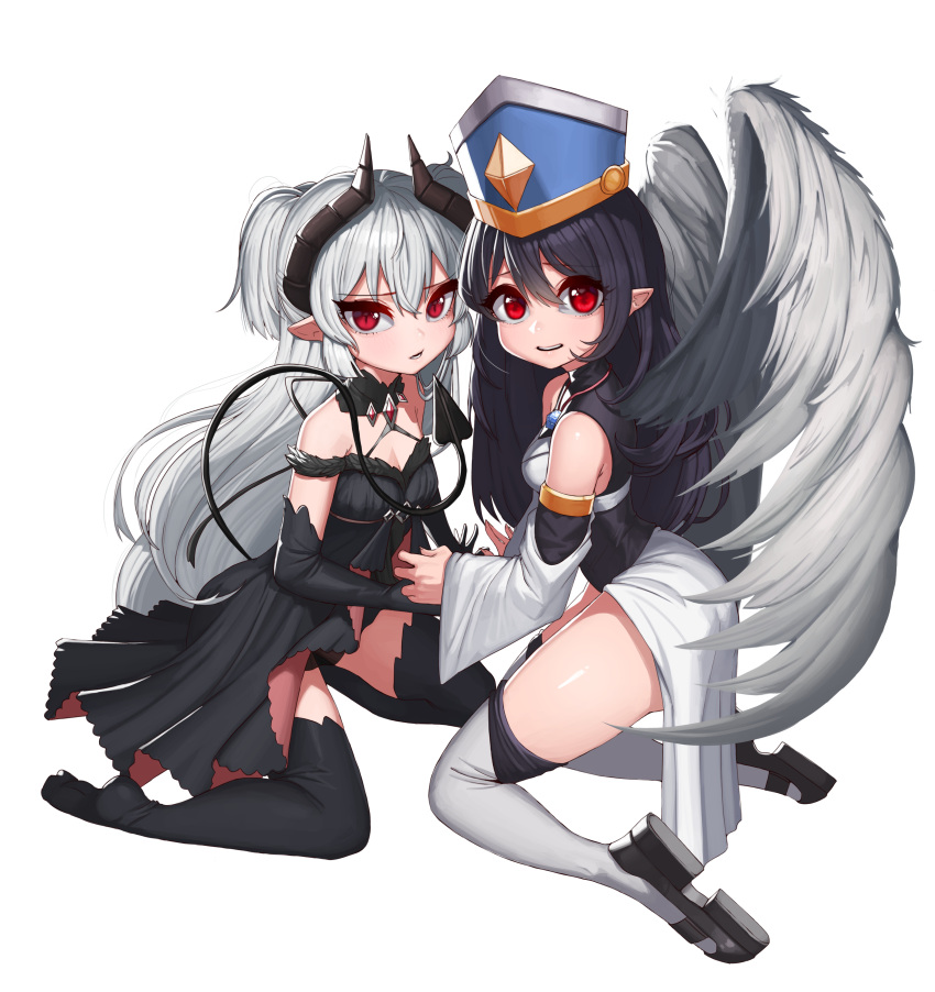 2girls absurdres angel angel_and_devil black_dress black_hair breasts commentary commission demon demon_horns demon_tail detached_sleeves dress dungeon_and_fighter english_commentary feathered_wings from_side hat highres horns kneeling long_hair long_sleeves looking_at_viewer multiple_girls parted_lips pointy_ears red_eyes rktlek159 small_breasts tail thigh-highs transparent_background two_side_up white_hair white_legwear wide_sleeves wings