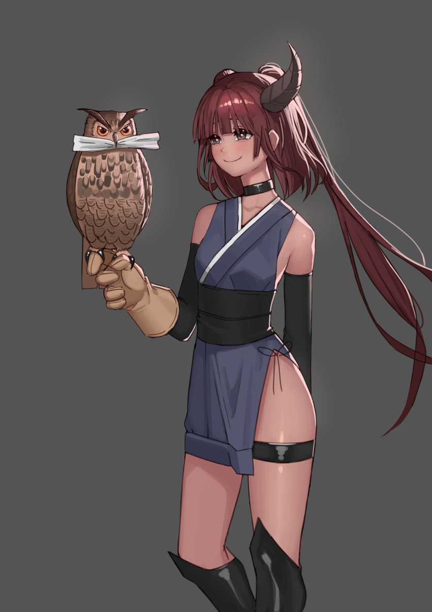1girl absurdres bird black_sash blue_kimono blush breasts brown_eyes brown_gloves brown_hair closed_mouth commentary detached_sleeves english_commentary falconry gloves grey_background highres horns japanese_clothes kimono kneehighs long_hair long_sleeves obi original owl rktlek159 sash simple_background single_glove single_horn small_breasts smile solo tinted_eyewear twintails
