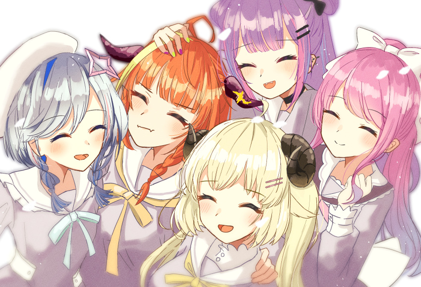 5girls :d absurdres ahoge amane_kanata arm_up beret blonde_hair blue_hair bow braid closed_eyes colored_inner_hair dragon_horns earrings eyebrows_visible_through_hair fang hair_bow hair_ornament hairclip halo hand_on_another's_head hat highres himemori_luna hololive horns huge_filesize jewelry kiryu_coco long_hair multicolored multicolored_hair multicolored_nails multiple_girls open_mouth orange_hair piercing pink_hair ponytail purple_hair school_uniform serafuku sheep_girl sheep_horns short_hair silver_hair simple_background skin_fang smile streaked_hair tagosaku_(tatsukiuma0329) tokoyami_towa tsunomaki_watame twin_braids upper_body virtual_youtuber white_background white_bow white_headwear