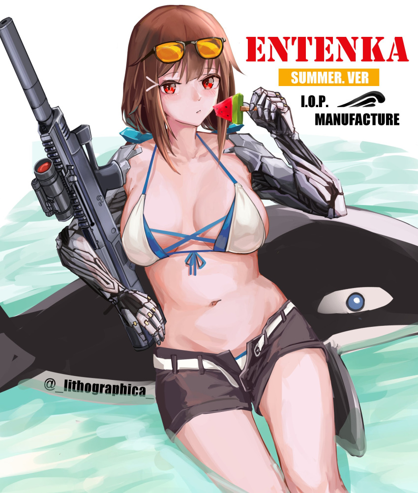 1girl absurdres artist_name bikini bra breasts brown_hair brown_shorts closed_mouth collarbone english_text eyebrows_visible_through_hair eyewear_on_head food girls_frontline highres holding holding_food holding_weapon js_9_(girls_frontline) js_9_mm lithographica long_hair looking_at_viewer mechanical_arms medium_breasts navel red_eyes shorts simple_background sitting solo swimsuit twitter_username underwear weapon white_bikini white_bra