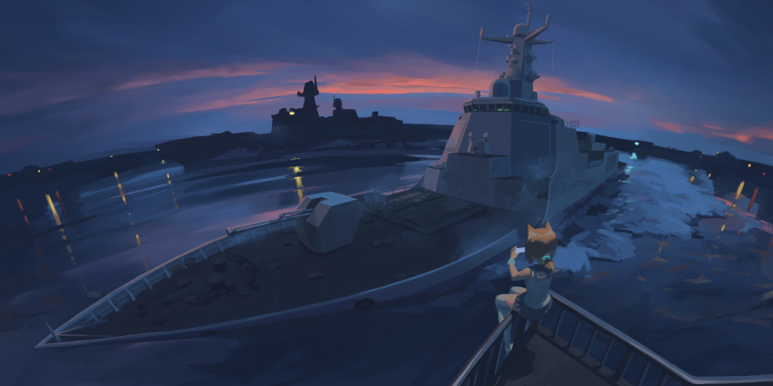 1girl absurdres amigo_(hua_cao) animal_ears bare_arms battleship blue_sailor_collar blue_skirt chinese_commentary clouds cloudy_sky commentary_request from_behind highres holding holding_phone medium_hair military military_vehicle night ocean orange_hair original phone ponytail sailor_collar ship shirt sitting_on_railing skirt sky solo sunset thigh-highs warship watercraft waves white_legwear white_shirt