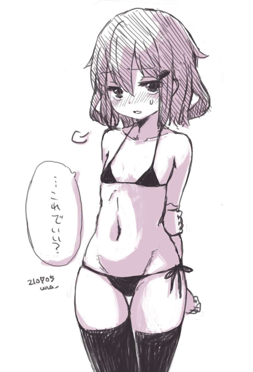 1girl arm_behind_back bikini blush breasts collarbone commentary_request cowboy_shot dated greyscale groin hair_ornament hairclip highres ikazuchi_(kancolle) kantai_collection looking_at_viewer micro_bikini monochrome navel short_hair side-tie_bikini simple_background small_breasts solo swimsuit thigh-highs thigh_gap translation_request unagiman