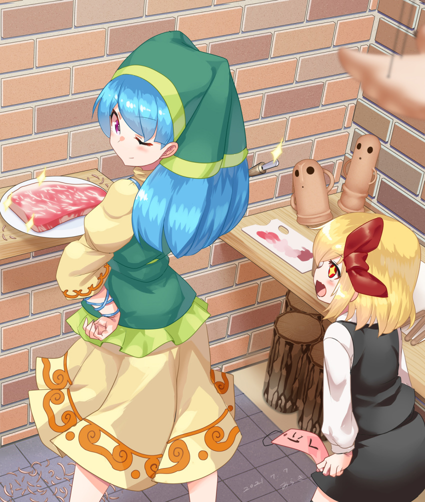 +_+ 2girls apron araki_(qbthgry) arm_ribbon bangs black_dress blonde_hair blue_hair blue_ribbon closed_mouth dress eyebrows_visible_through_hair floor food green_apron green_headwear hair_between_eyes hair_ribbon hand_on_hip hand_up haniwa_(statue) haniyasushin_keiki highres knife long_hair long_sleeves looking_at_another meat multiple_girls one_eye_closed open_mouth plate red_eyes red_ribbon ribbon rumia short_hair smile standing star_(symbol) table touhou violet_eyes wall white_sleeves yellow_dress yellow_sleeves