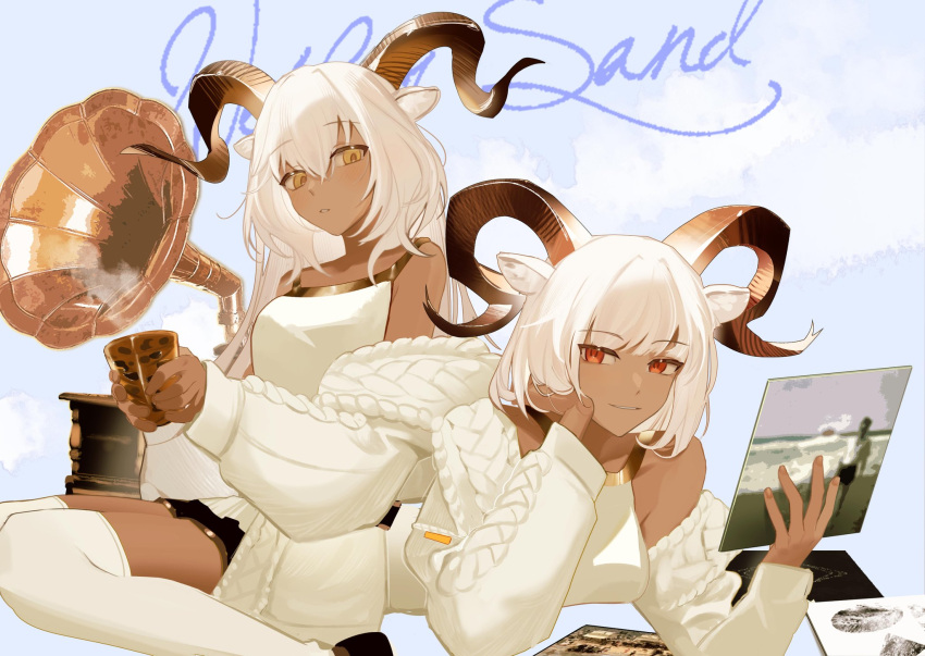 2girls animal_ears arknights beeswax_(arknights) beeswax_(arknights)_(cosplay) beeswax_(weisser_sand)_(arknights) beeswax_(weisser_sand)_(arknights)_(cosplay) black_footwear black_skirt blue_background cardigan carnelian_(arknights) commentary cosplay cup dark-skinned_female dark_skin goat_ears goat_girl goat_horns hair_between_eyes highres holding holding_cup horns long_hair looking_at_viewer lying multiple_girls off_shoulder official_alternate_costume on_stomach open_cardigan open_clothes parted_lips phonograph shirt short_hair siblings sisters sitting skirt thigh-highs ting_(machi_nakahara) white_cardigan white_hair white_legwear white_shirt yellow_eyes