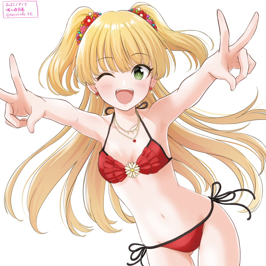 1girl bikini blonde_hair breasts commentary_request cowboy_shot double_v frilled_bikini frills green_eyes highres idolmaster idolmaster_cinderella_girls jewelry jougasaki_rika long_hair looking_at_viewer necklace necocafe_lili open_mouth red_bikini side-tie_bikini simple_background small_breasts smile solo swimsuit upper_teeth v white_background