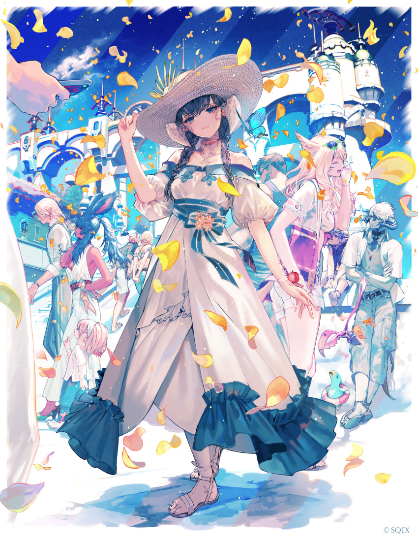 5boys 5girls absurdres animal animal_ears arm_at_side arm_up arms_behind_back bare_shoulders black_hair blonde_hair blue_eyes blue_hair blue_ribbon blue_sky bow bracelet braid breasts bug butterfly character_request choker closed_mouth clouds commentary_request creature crossed_arms day dress eyewear_on_head final_fantasy final_fantasy_xiv flower flower_choker full_body hair_flower hair_ornament hand_on_headwear hat highres holding holding_phone horns insect jewelry looking_at_another looking_at_viewer medium_breasts multiple_boys multiple_girls off_shoulder open_clothes open_shirt out_of_frame outdoors pants petals phone puffy_sleeves ribbon sandals shorts sitting sky sleeveless sleeveless_dress small_breasts solo_focus standing straw_hat sun_hat sunglasses sunlight twin_braids ukai_saki watermark white_dress white_footwear