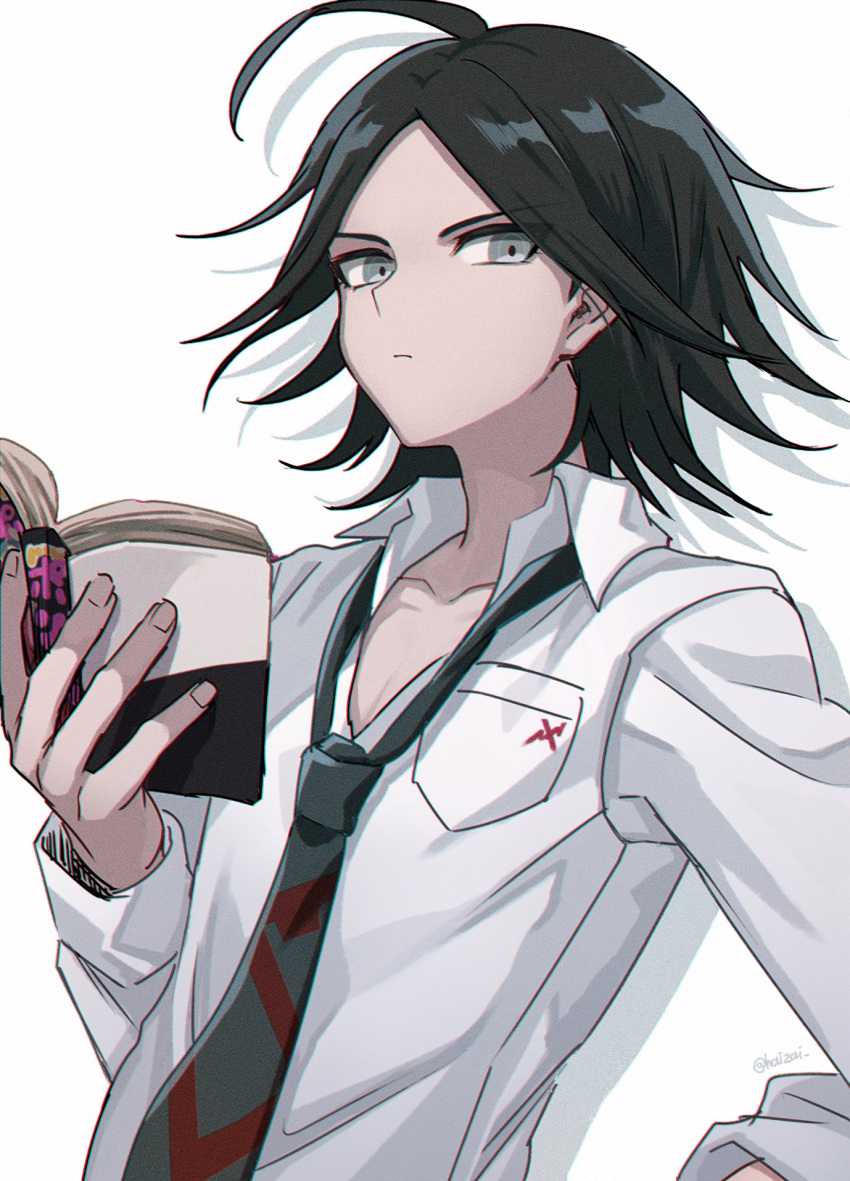 1boy ahoge bangs black_hair book breast_pocket brown_hair closed_mouth collarbone collared_shirt commentary_request dangan_ronpa/zero dangan_ronpa_(series) grey_eyes haizai hand_up highres holding holding_book long_sleeves looking_at_viewer male_focus matsuda_yasuke necktie open_book parted_bangs pocket shirt simple_background solo striped twitter_username upper_body white_background white_shirt