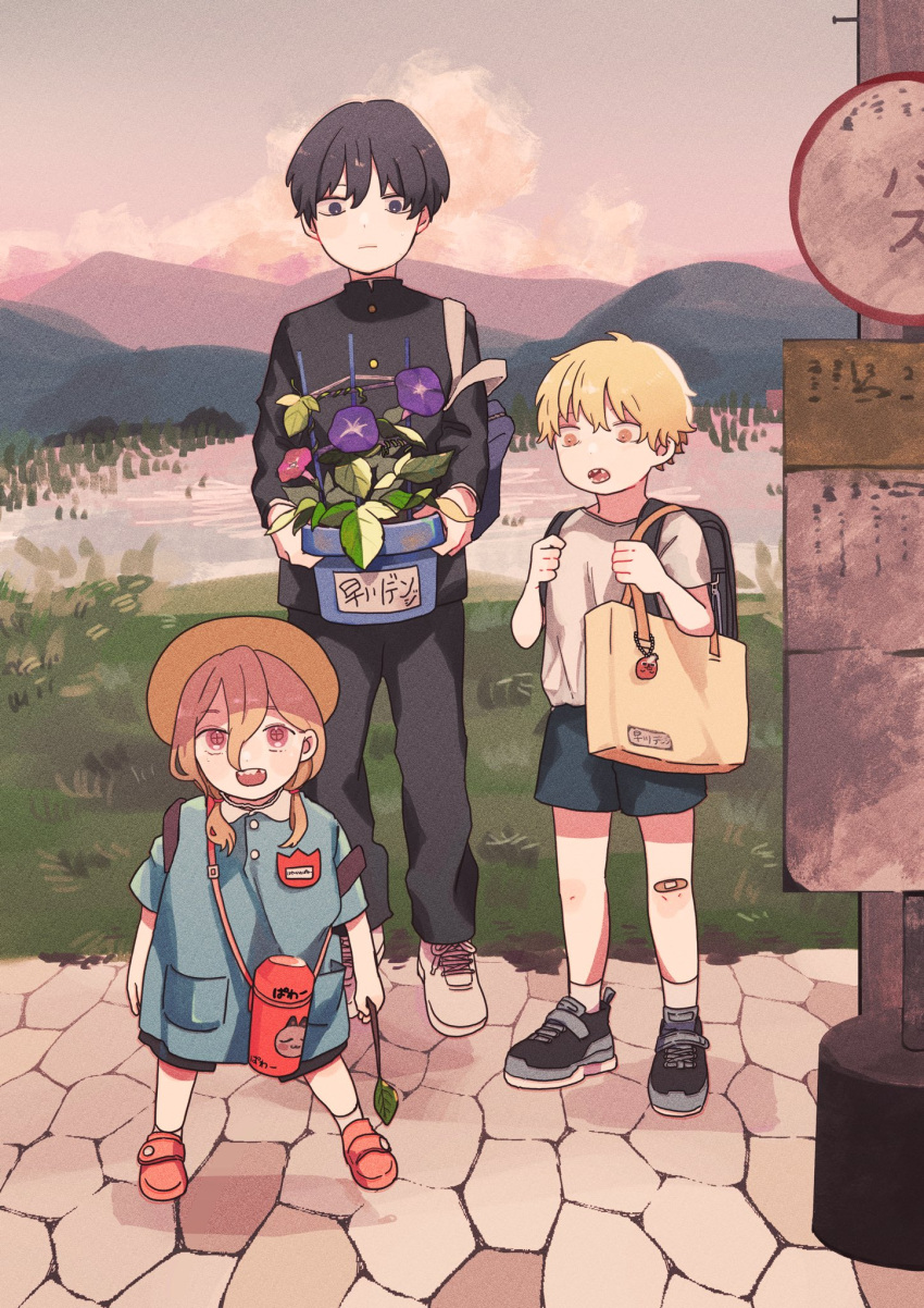 +_+ 1girl 2boys backpack bag bandaid bandaid_on_knee bangs black_eyes black_footwear black_hair black_pants blonde_hair blue_shirt blue_shorts bottle casual cat chainsaw_man child closed_mouth clouds crosshair_pupils denji_(chainsaw_man) flower full_body gakuran grass gurukousu hair_between_eyes happy hat hayakawa_aki_(chainsaw_man) highres holding holding_bag holding_pot holding_stick jewelry kindergarten_uniform leaf legs_apart long_sleeves looking_at_another looking_at_viewer looking_down looking_to_the_side meowy_(chainsaw_man) mountainous_horizon multiple_boys nail name_tag open_mouth outdoors pants path pendant pink_eyes pink_flower pink_hair plant pleated_skirt pochita_(chainsaw_man) pot potted_plant power_(chainsaw_man) randoseru red_footwear rice_paddy road school_bag school_hat school_uniform sharp_teeth shirt short_hair short_sleeves shorts shoulder_bag sign skirt sky standing stick teeth water_bottle white_footwear white_legwear white_shirt yellow_eyes yellow_headwear younger