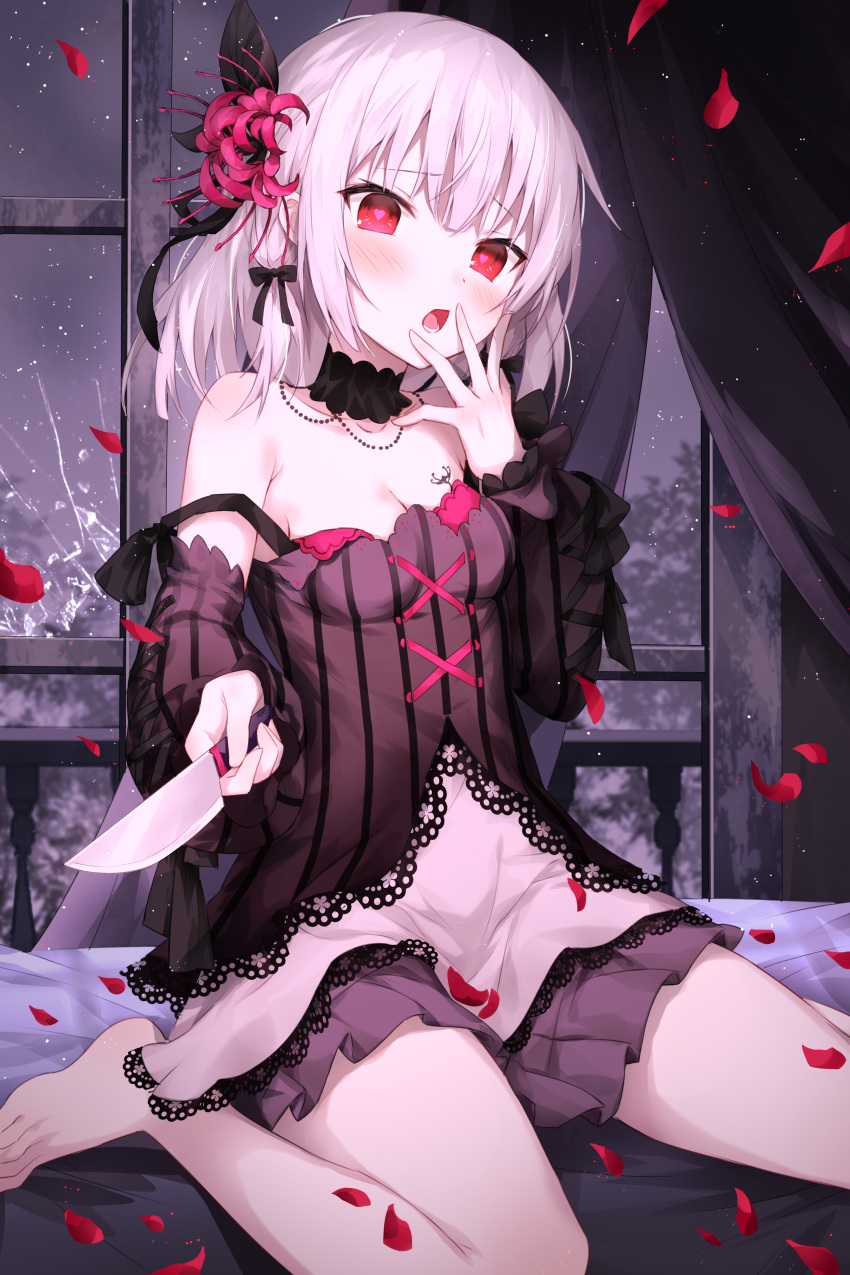 1girl absurdres bangs bare_legs barefoot blush breasts chiyuu_(virtuareal) choker devil_heavens dress gothic_lolita hair_ornament heart heart-shaped_pupils highres indoors knife lolita_fashion medium_hair nijisanji on_bed open_mouth petals red_eyes silver_hair sitting small_breasts solo symbol-shaped_pupils virtual_youtuber virtuareal wariza window