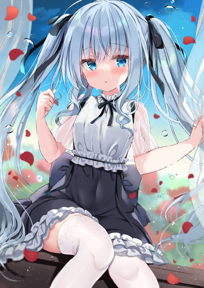 1girl absurdres bangs black_bow black_skirt blue_eyes blurry blurry_background blush bow commentary_request curtains day depth_of_field eyebrows_visible_through_hair feet_out_of_frame flower frilled_skirt frills hair_between_eyes hair_bow hands_up highres kujou_danbo long_hair looking_at_viewer open_window original parted_lips petals red_flower red_rose rose rose_petals see-through see-through_sleeves shirt short_sleeves silver_hair sitting skirt solo sweat thigh-highs transparent twintails very_long_hair white_legwear white_shirt window