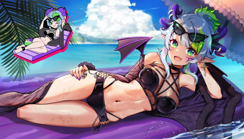1girl :3 absurdres ahoge arm_support armpit_crease bare_shoulders beach bikini black_bikini blue_hair blurry blurry_background breasts bsapricot_(vtuber) chain chibi chibi_inset choker cloak clouds cloudy_sky commission cross-laced_bikini cross-laced_clothes demon_wings earrings eyewear_on_head facial_mark fang feet_out_of_frame foxyreine gradient_hair green_eyes green_hair halter_top halterneck hand_on_own_thigh highleg highres horn_piercing horns inflatable_raft jewelry lich linea_alba looking_at_viewer lying medium_breasts mini_wings multicolored_hair multiple_horns nail_polish navel ocean on_side open_mouth palm_leaf parasol pointy_ears purple_horns purple_nails see-through shiny shiny_clothes short_hair_with_long_locks sidelocks skin_fang skindentation skull_ornament sky smile streaked_hair sunglasses swimsuit sword_earrings thigh_gap umbrella virtual_youtuber vshojo wet wings