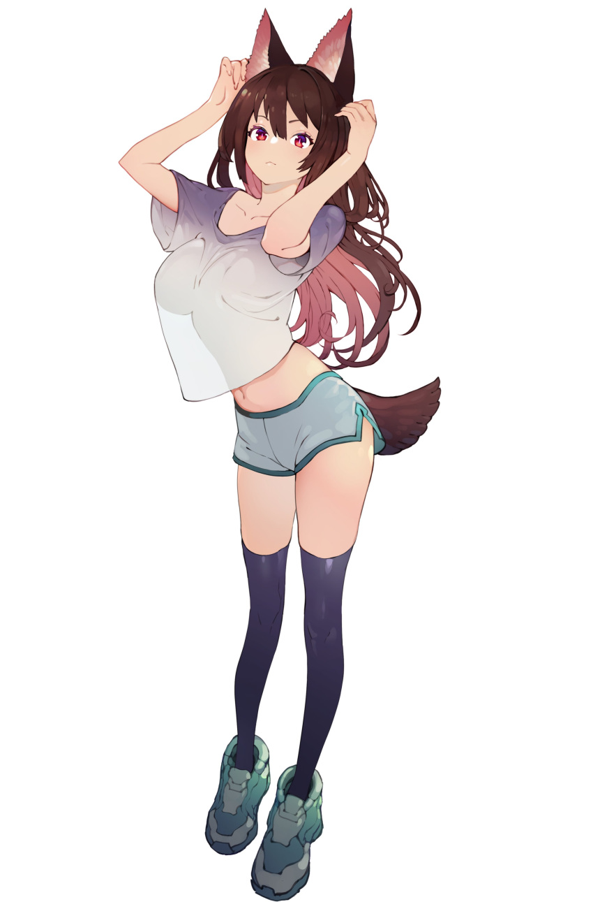 1girl :&lt; absurdres alternate_costume animal_ears bangs breasts brown_hair casual contemporary dolphin_shorts full_body grey_shirt hair_between_eyes highres imaizumi_kagerou long_hair looking_at_viewer medium_breasts onion_(onion_and_pi-natto) red_eyes see-through shirt shoes short_sleeves shorts solo standing tail thigh-highs touhou white_background wolf_ears wolf_tail