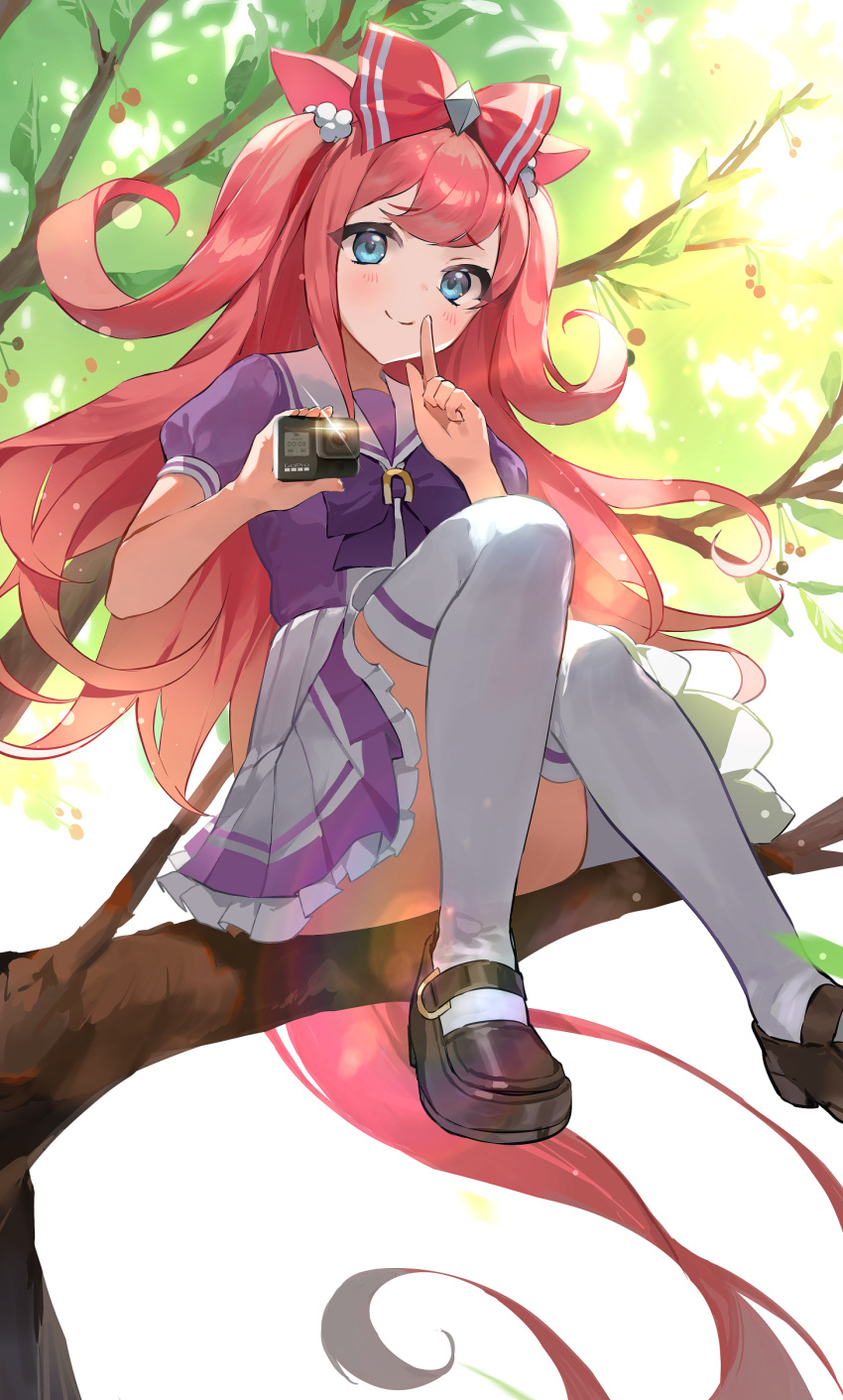 1girl absurdres agnes_digital_(umamusume) animal_ears bangs blush bow brown_footwear camera cherry clip_studio_paint_(medium) closed_mouth commentary eyebrows_visible_through_hair food foot_out_of_frame frilled_skirt frills fruit hair_bow hand_up hands_up highres holding holding_camera horse_ears horse_girl horse_tail loafers long_hair looking_at_viewer moko_(moko/moko) pink_hair purple_bow purple_shirt red_bow school_uniform shirt shoes sitting skirt smile solo tail thigh-highs tracen_school_uniform tree_branch two_side_up umamusume very_long_hair white_legwear white_skirt