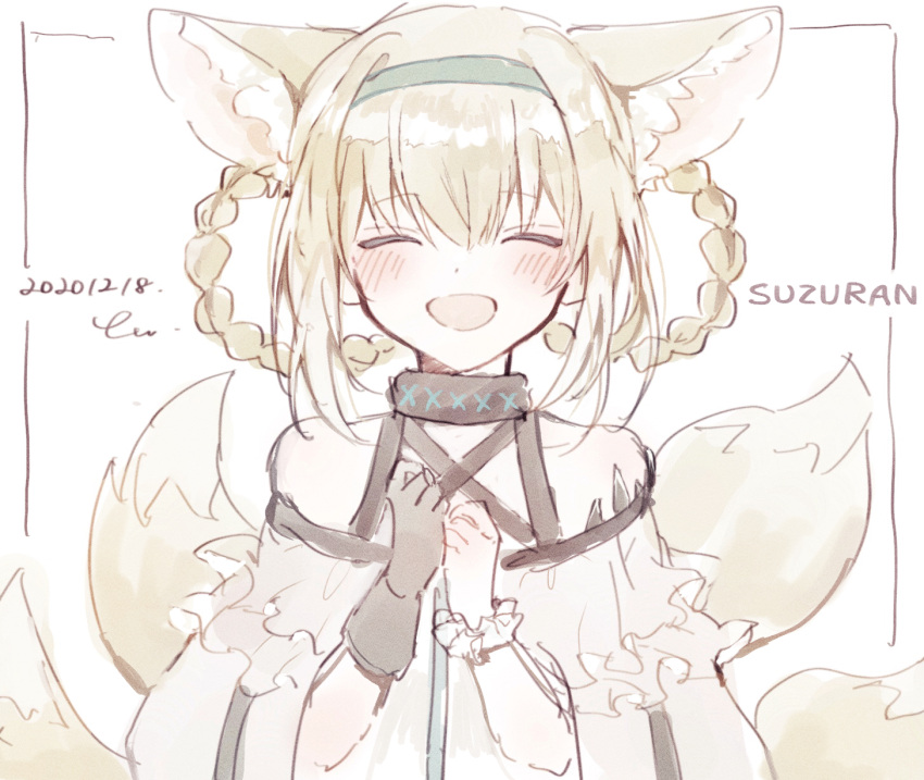 1girl animal_ears arknights bare_shoulders black_collar black_gloves blonde_hair blush braid character_name closed_eyes collar dated dress facing_viewer fox_ears fox_girl fox_tail gloves green_hairband hair_between_eyes hairband hands_together happy highres infection_monitor_(arknights) multiple_tails nstlgie open_mouth oripathy_lesion_(arknights) signature simple_background single_glove sketch solo suzuran_(arknights) tail white_background white_dress