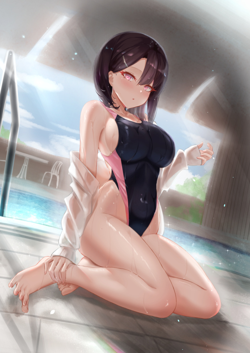 1girl bangs black_swimsuit blush breasts brown_hair can_zhu clenched_hands collarbone competition_swimsuit covered_navel dripping dutch_angle full_body glint groin hair_between_eyes hair_ornament hairclip highleg highleg_swimsuit highres holding kneeling legs_together looking_at_viewer md5_mismatch off_shoulder one-piece_swimsuit open_clothes open_shirt original parted_lips pool pool_ladder poolside shirt short_hair sideboob small_breasts solo sparkle swimsuit swimsuit_under_clothes table wet wet_clothes wet_shirt wet_swimsuit white_shirt