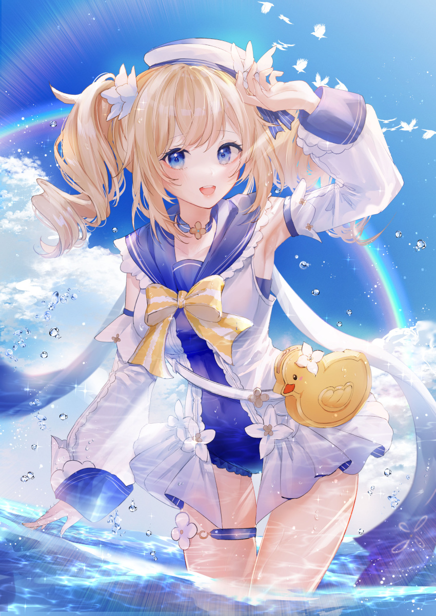 1girl absurdres animal_bag bangs barbara_(genshin_impact) bird blonde_hair blue_eyes blue_sailor_collar blue_swimsuit bow clouds cloudy_sky collar commentary detached_sleeves drill_hair frilled_collar frills genshin_impact highres in_water jewelry kity1211_tetsu long_hair long_sleeves looking_at_viewer necklace ocean rainbow sailor_collar sidelocks sky smile solo summer swimsuit thigh_strap twin_drills water yellow_bow