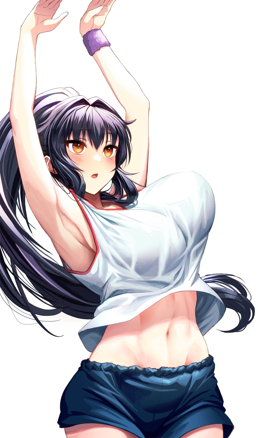 1girl absurdres black_hair bouncing_breasts breasts gibagiba highres large_breasts looking_up midriff navel original shirt simple_background solo white_background white_shirt yellow_eyes