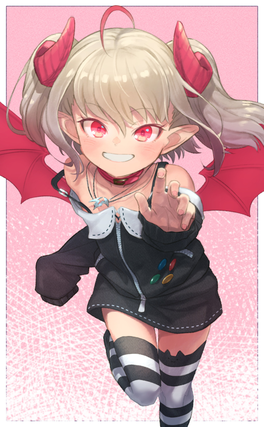 1girl ahoge animal_ear_legwear badge bare_shoulders blush button_badge collar curled_horns demon_girl demon_wings foot_out_of_frame grey_hair highres horns jewelry looking_at_viewer makaino_ririmu medium_hair multicolored_hair necklace nijisanji off-shoulder_jacket off_shoulder outstretched_arm pink_nails pointy_ears reaching_out red_collar red_eyes red_horns red_wings redhead sabamen sleeves_past_fingers sleeves_past_wrists smile solo strap_slip streaked_hair striped striped_legwear teeth thigh-highs twintails two-tone_hair virtual_youtuber wings zettai_ryouiki