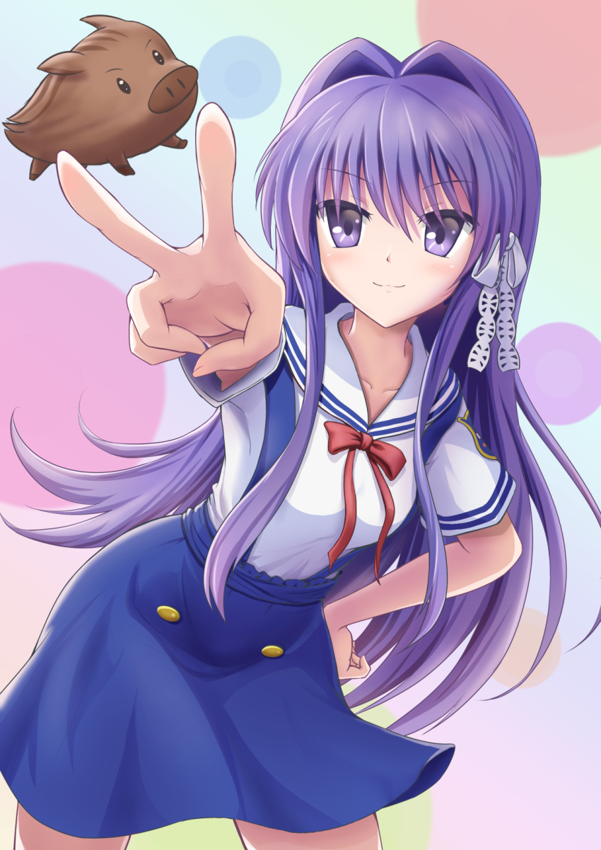 1girl bangs blue_skirt boar botan_(clannad) breasts clannad collarbone collared_shirt cowboy_shot eyebrows_visible_through_hair fujibayashi_kyou hair_between_eyes hair_ribbon hand_on_hip highres hikarizaka_private_high_school_uniform leaning_forward lic_(licloud28) light_smile long_hair medium_breasts multicolored multicolored_background outstretched_arm pose purple_hair red_ribbon ribbon sailor_collar school_uniform serafuku shirt skirt suspender_skirt suspenders v violet_eyes white_ribbon white_shirt