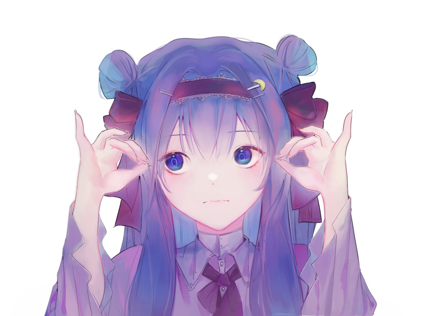 1girl bangs closed_mouth crescent crescent_pin double_bun dress drop_shadow expressionless eyebrows_visible_through_hair hair_intakes hair_ornament hairband hairpin hands_up highres long_hair long_sleeves looking_to_the_side no_hat no_headwear patchouli_knowledge pinky_out portrait purple_dress purple_hair purple_neckwear red_hairband repya9 sidelocks simple_background solo touhou violet_eyes white_background wide_sleeves