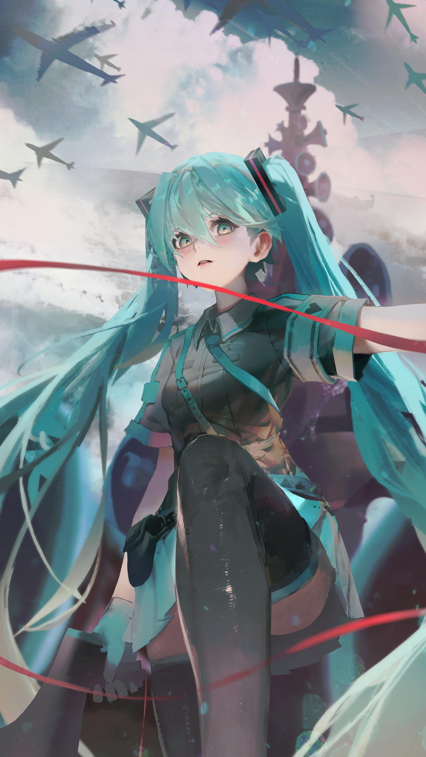 1girl absurdres aircraft aqua_eyes aqua_gloves aqua_hair aqua_neckwear armband bangs belt_pouch black_legwear black_shirt black_skirt blush clouds commentary gloves grey_sky hatsune_miku heart highres holding holding_megaphone koi_wa_sensou_(vocaloid) long_hair looking_at_viewer megaphone necktie pleated_skirt pouch rsef shirt short_sleeves skirt solo thigh-highs twintails very_long_hair vocaloid