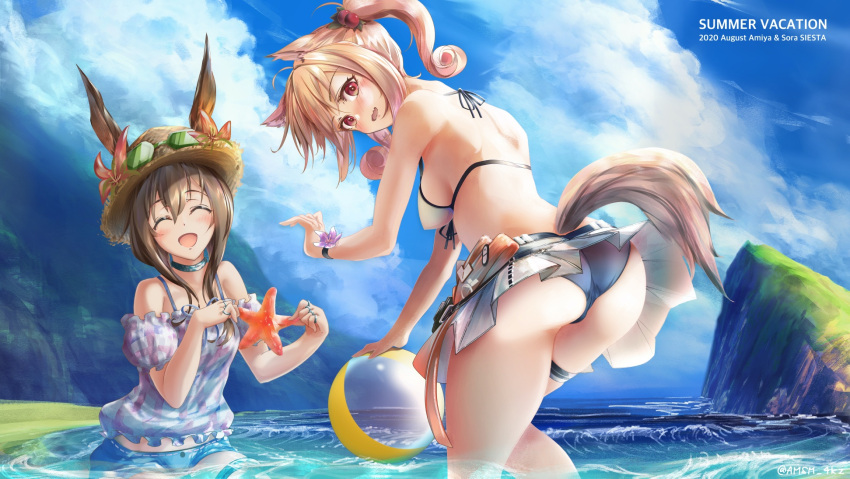 2girls ^_^ amiya_(arknights) animal_ears arknights ass bangs bare_arms bare_shoulders bikini bikini_skirt blonde_hair blue_sky breasts brown_hair closed_eyes clouds commentary_request day ears_through_headwear eyebrows_visible_through_hair facing_viewer flower hair_between_eyes hat hat_flower highres holding jewelry long_hair looking_at_viewer medium_breasts miniskirt multiple_girls neck_ring off-shoulder_shirt off_shoulder open_mouth puffy_sleeves rabbit_ears red_eyes revision shirt skirt sky smile sora_(arknights) sora_(summer_flowers)_(arknights) starfish sun_hat swimsuit tail thighs twintails water wolf_ears wolf_tail yokaze_(yokajie)