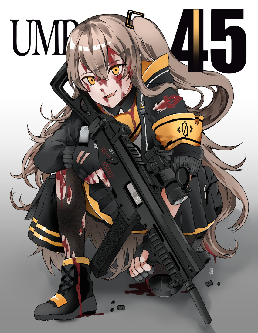 1girl absurdres armband bangs black_footwear black_gloves black_jacket black_legwear black_skirt blood blood_on_face boots brown_hair character_name fingerless_gloves girls_frontline gloves gradient gradient_background gun h&amp;k_ump45 hair_between_eyes hair_ornament highres holding holding_gun holding_weapon injury jacket jitsukawa_ashi knee_pads long_hair one_knee one_side_up open_mouth pleated_skirt simple_background single_knee_pad skirt solo submachine_gun torn_clothes torn_legwear ump45_(girls_frontline) weapon yellow_eyes