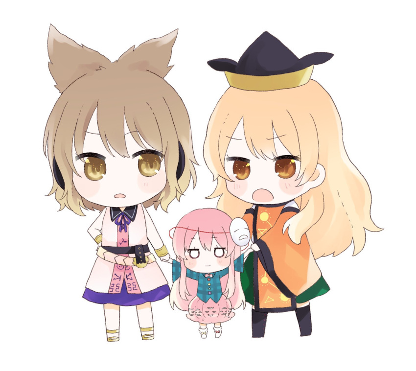 3girls :o anklet bangs black_headwear blonde_hair blouse blue_shirt blush blush_stickers bracelet brown_eyes bubble_skirt chibi clothing_cutout commentary_request earmuffs full_body hat hata_no_kokoro height_difference highres holding_hands jewelry light_brown_hair long_hair long_sleeves looking_at_another mask mask_on_head matara_okina multiple_girls open_mouth orange_eyes pink_blouse plaid plaid_shirt pointy_hair purple_neckwear purple_ribbon ribbon shirt short_hair simple_background skirt sleeveless_blouse tabard touhou toyosatomimi_no_miko umi_(nana_spring) white_background wide_sleeves