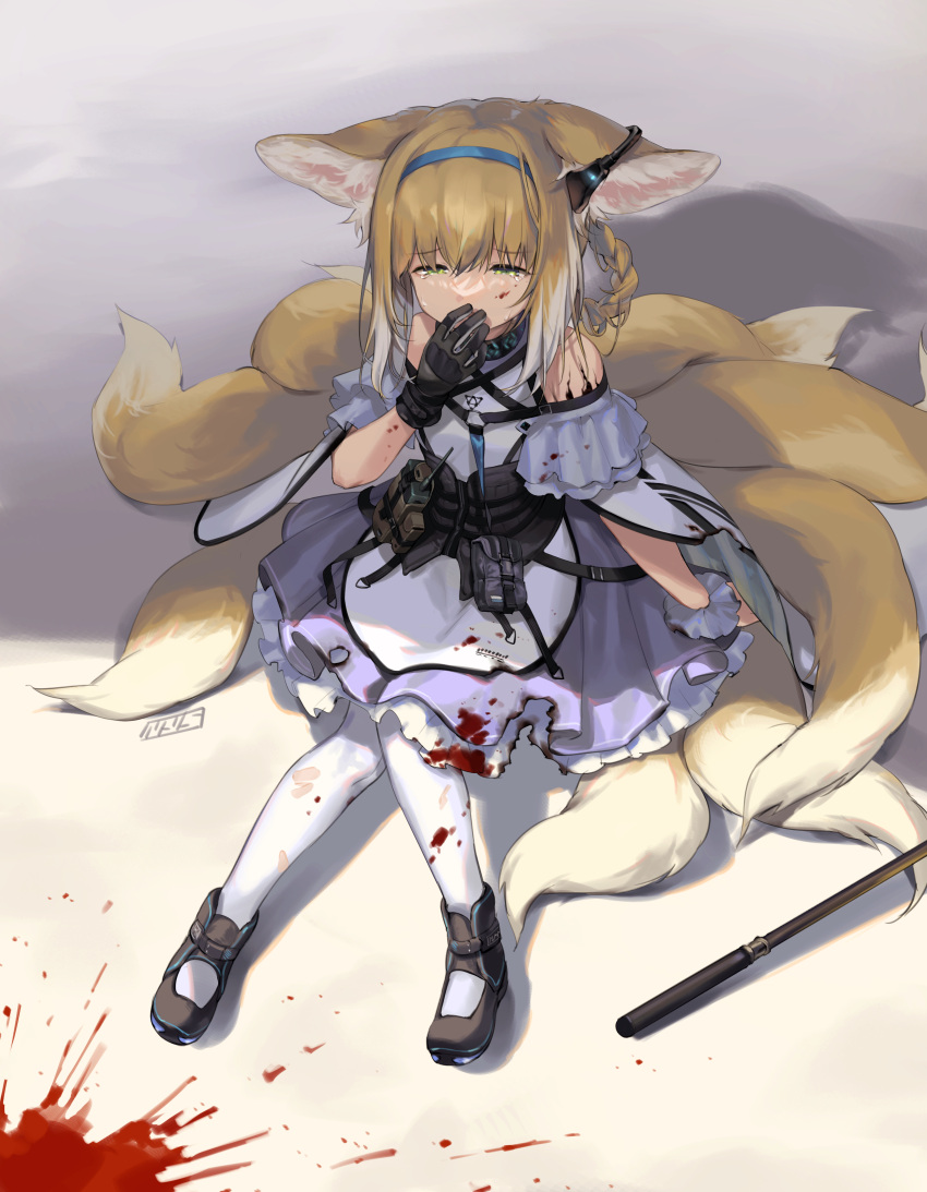 1girl absurdres animal_ears arknights belt black_collar black_footwear black_gloves blonde_hair blood blood_on_face bloody_clothes blue_hairband collar covering_mouth crying dress earpiece fox_ears fox_girl fox_tail gloves green_eyes hairband highres infection_monitor_(arknights) kitsune kyuubi multiple_tails nys oripathy_lesion_(arknights) pantyhose purple_dress short_hair single_glove single_wrist_cuff sitting solo stick suzuran_(arknights) tail utility_belt white_legwear white_wrist_cuffs wrist_cuffs