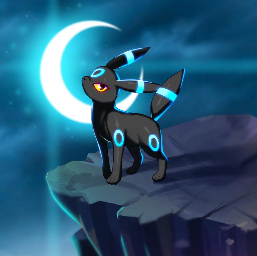 alternate_color black_eyes cliff colored_sclera commentary_request crescent_moon drunkoak full_body gen_2_pokemon looking_to_the_side moon night no_humans outdoors paws pokemon pokemon_(creature) shiny shiny_pokemon solo standing toes umbreon yellow_sclera