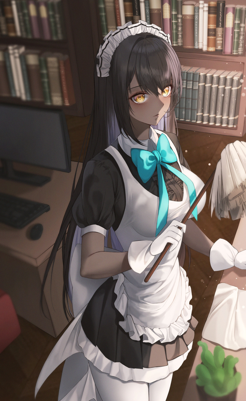 1girl absurdres ame_816 apron bangs black_dress black_hair blue_archive blue_neckwear blush book bow bowtie breasts closed_mouth cowboy_shot dark_skin desk dress eyebrows_visible_through_hair frilled_apron frills gloves highres indoors karin_(blue_archive) keyboard_(computer) large_breasts long_hair looking_at_viewer maid maid_apron maid_headdress monitor orange_eyes pantyhose pleated_dress puffy_short_sleeves puffy_sleeves short_sleeves solo white_apron white_gloves white_headwear white_legwear