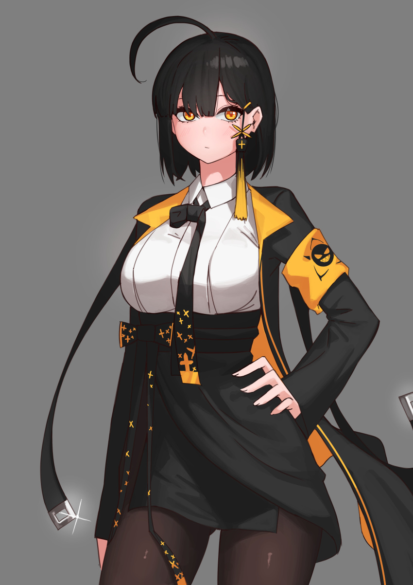 1girl absurdres ahoge black_coat black_hair black_neckwear black_ribbon black_skirt bob_cut breasts closed_mouth coat collared_shirt commentary copyright_request cowboy_shot english_commentary glint grey_background hair_ornament hairclip hand_on_hip high-waist_skirt highres huge_ahoge large_breasts long_sleeves looking_at_viewer medium_hair neck_ribbon open_clothes open_coat ribbon rktlek159 shirt simple_background skirt solo white_shirt wing_collar yellow_eyes