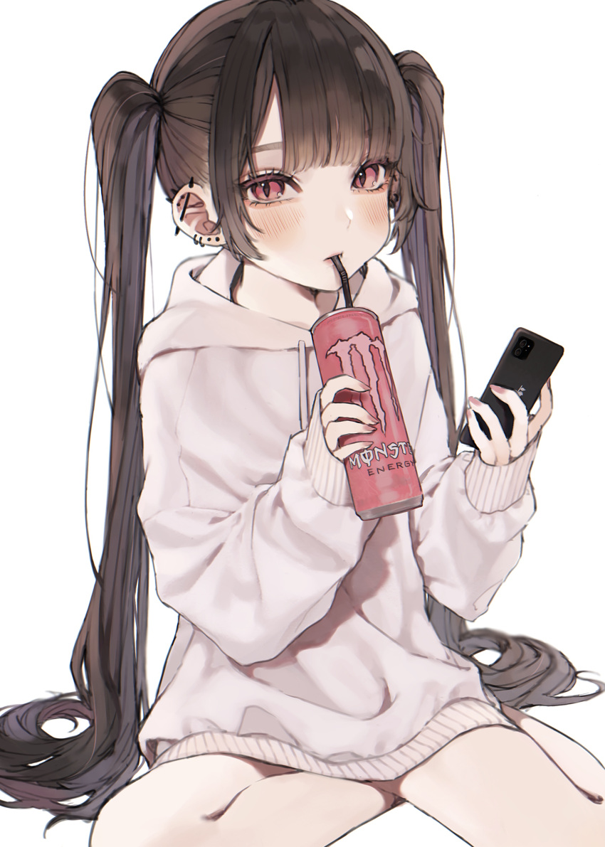1girl absurdres bangs bare_legs blush brown_hair can cellphone commentary_request daluto_(hitomi555) drinking drinking_straw ear_piercing highres hood hood_down hoodie long_hair looking_at_viewer monster_energy nail_polish on_floor original phone piercing pink_nails pink_sweater red_eyes sidelocks sleeves_past_wrists slit_pupils smartphone soda_can solo sweater twintails white_background