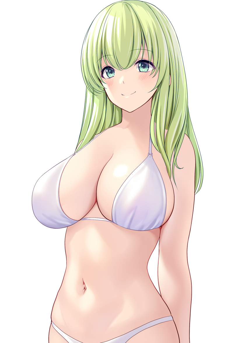 1girl absurdres bikini blush breasts closed_mouth commentary_request eyebrows_visible_through_hair green_hair highres large_breasts long_hair marui_koishi navel original simple_background smile stomach swimsuit white_background white_bikini