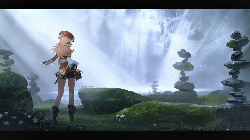 1girl anna_(drw01) antlers blonde_hair crop_top detached_sleeves facing_away from_behind genshin_impact highres letterboxed long_hair midriff outdoors red_headwear solo water waterfall yanfei_(genshin_impact)