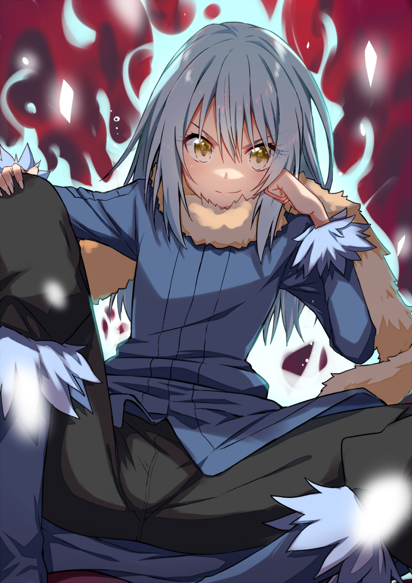 1other androgynous bag black_pants blue_coat blue_footwear closed_mouth coat hair_between_eyes hand_on_own_knee highres long_hair long_sleeves looking_at_viewer pants red_background rimuru_tempest shiny shiny_hair silver_hair sitting smile straight_hair tensei_shitara_slime_datta_ken v-shaped_eyebrows yellow_eyes yuto_(dialique)