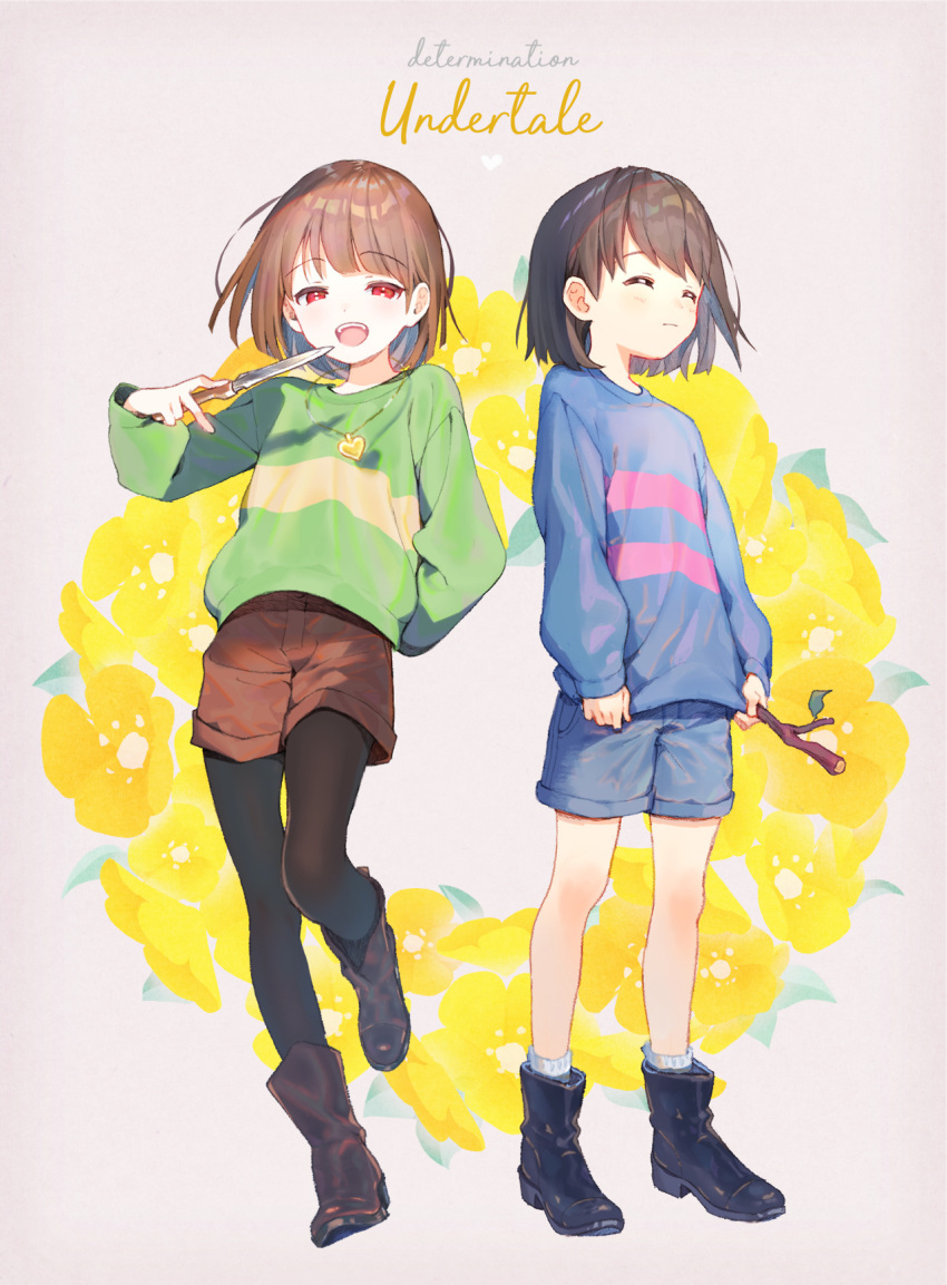 2others :d androgynous black_footwear blue_shorts bob_cut boots brown_footwear brown_shorts chara_(undertale) closed_mouth copyright_name eyebrows_visible_through_hair floral_background frisk_(undertale) full_body heart_pendant highres holding holding_knife holding_stick knife legwear_under_shorts long_sleeves multiple_others open_mouth pantyhose red_eyes shirakino short_hair shorts smile stick sweater undertale