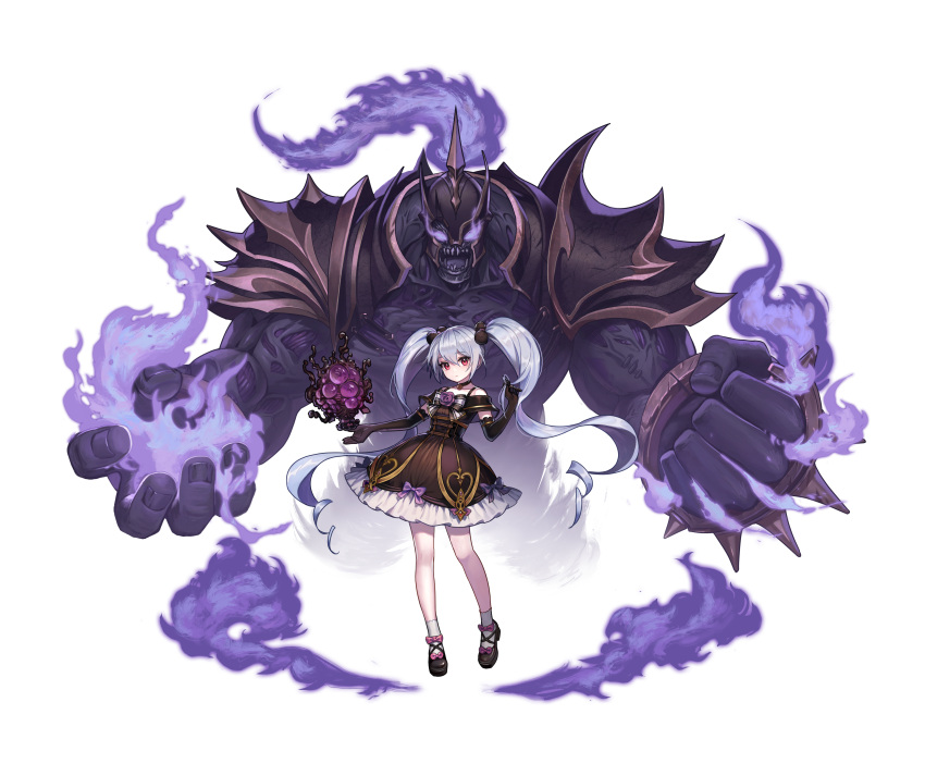 1girl absurdres armor bare_shoulders black_dress closed_mouth collar dress elbow_gloves eyebrows_visible_through_hair full_body game_cg ghost gloves guardian_tales highres looking_at_viewer necromancer_noxia official_art purple_hair red_eyes ribbon ribbon_trim smoke twintails