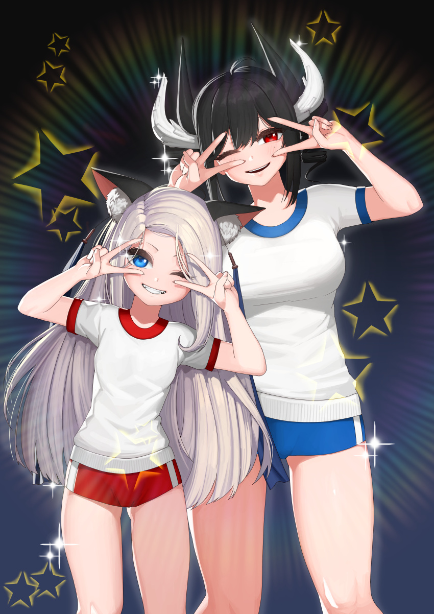 2girls :d absurdres animal_ear_fluff animal_ears blue_buruma blue_eyes breasts brown_hair buruma commentary copyright_request double_v english_commentary fingernails grin gym_uniform hands_up head_tilt height_difference highres horns huge_filesize large_breasts long_hair looking_at_viewer mole mole_under_eye multiple_girls one_eye_closed open_mouth pink_nails red_buruma rktlek159 shirt short_sleeves small_breasts smile sparkle standing star_(symbol) v v_over_eye white_shirt