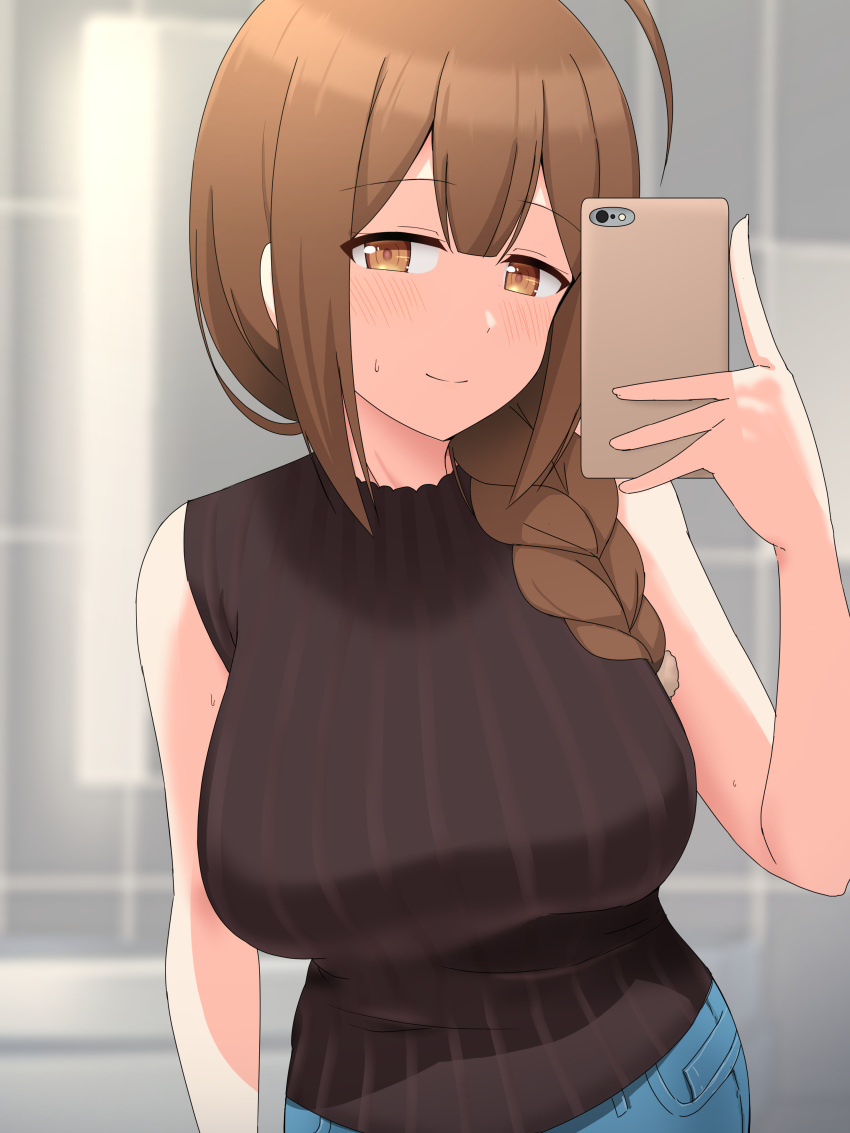 1girl absurdres ahoge bangs bare_shoulders blush braid braided_ponytail breasts brown_eyes brown_hair hair_over_shoulder highres idolmaster idolmaster_shiny_colors kuwayama_chiyuki large_breasts long_braid long_hair looking_at_viewer single_braid smile solo tomato_rice