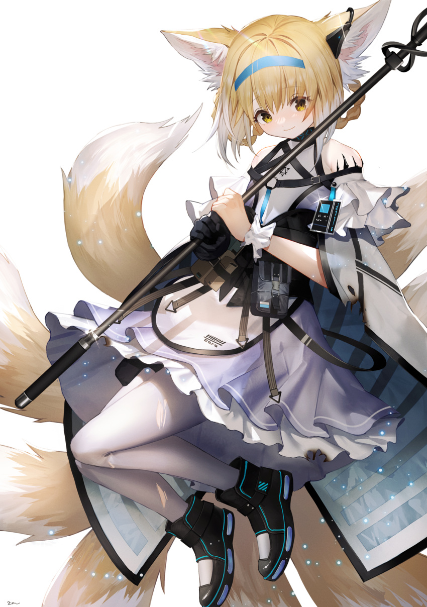 animal_ear_fluff animal_ears arknights bangs belt belt_pouch black_footwear black_gloves blonde_hair blue_hairband boots braid burnt_clothes capelet commentary dress earphones english_commentary eyebrows eyebrows_visible_through_hair fox_ears fox_tail frilled_dress frills full_body gloves green_eyes hairband head_tilt headwear highres holding holding_staff id_card kitsune knees_together_feet_apart kyuubi looking_at_viewer medium_hair multicolored_hair multiple_tails pantyhose pouch scrunchie shoes sidelocks single_glove smile staff strap suzuran_(arknights) tail torn_capelet torn_clothes torn_dress twin_braids two-tone_hair weapon white_capelet white_dress white_hair white_legwear white_scrunchie white_tail white_wristband wristband xin_(xin)