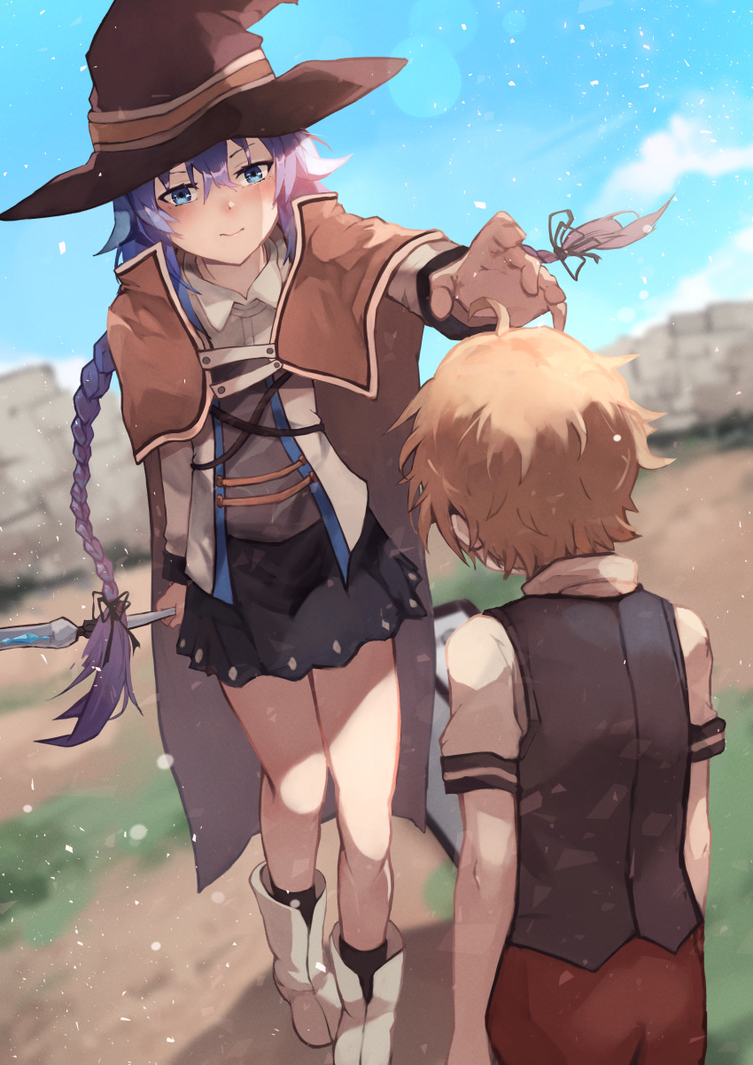 1boy 1girl absurdres arm_behind_back blonde_hair blue_hair blue_sky blurry blurry_background blush boots braid brick_wall brown_cape cape clouds depth_of_field green_eyes hair_between_eyes hat highres huge_filesize long_braid mage_staff mushoku_tensei outstretched_hand roxy_migurdia rudeus_greyrat shizu_(shizuillust) skirt sky smile white_footwear witch_hat