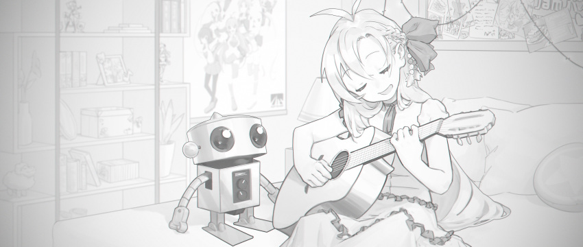 1girl 1other acoustic_guitar antenna_hair beads bed blurry blurry_background book box closed_eyes commentary english_commentary figure frilled_skirt frills greyscale guitar hair_beads hair_ornament hair_ribbon highres instrument irarugii long_hair monochrome music open_mouth photo_(object) pillow plant playing_instrument poster_(object) potted_plant ribbon robot shelf sitting skirt smile synthesizer_v toy tsurumaki_maki very_long_hair voiceroid