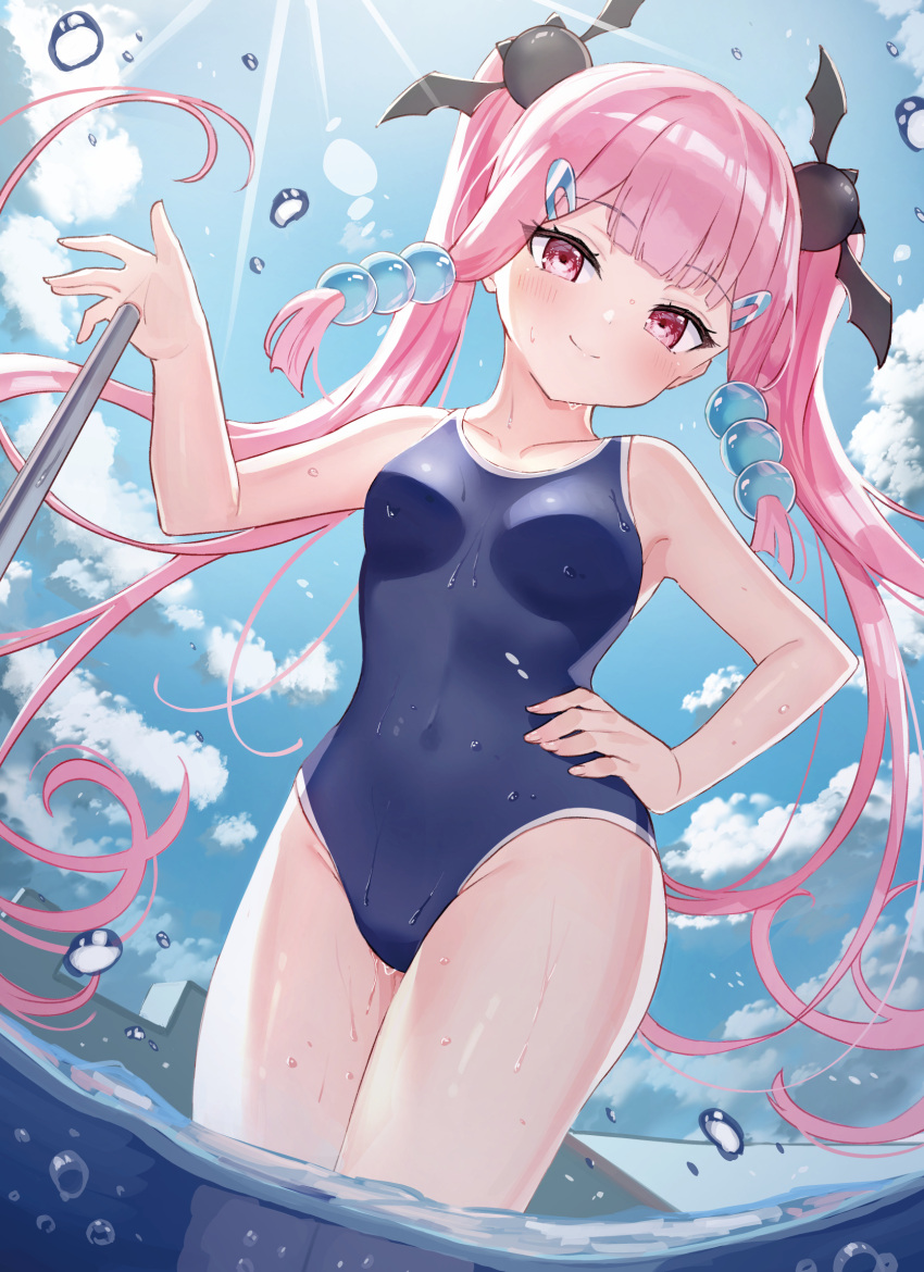 1girl bangs bare_arms bare_shoulders bat_hair_ornament blue_sky blue_swimsuit blush breasts closed_mouth clouds collarbone commentary_request day eyebrows_visible_through_hair floating_hair groin hair_ornament hairclip hand_on_hip highres long_hair looking_at_viewer one-piece_swimsuit original outdoors pink_hair red_eyes sky small_breasts smile solo standing swimsuit tsukiman twintails very_long_hair water wet wet_clothes wet_swimsuit yumeka_tsukishiro