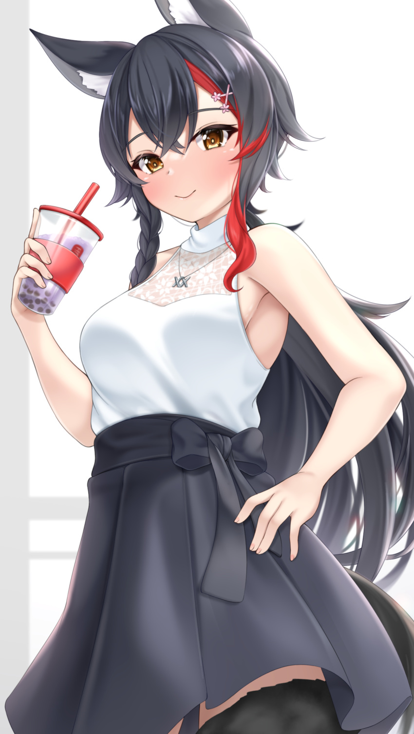 1girl animal_ears bangs bare_arms bare_shoulders black_hair black_legwear black_skirt blush breasts brown_eyes bubble_tea closed_mouth cowboy_shot crossed_bangs drink hair_ornament hairclip hand_on_hip highres hololive jewelry lomocya looking_at_viewer medium_breasts multicolored_hair necklace ookami_mio redhead skirt sleeveless smile solo streaked_hair thigh-highs virtual_youtuber wolf_ears wolf_girl