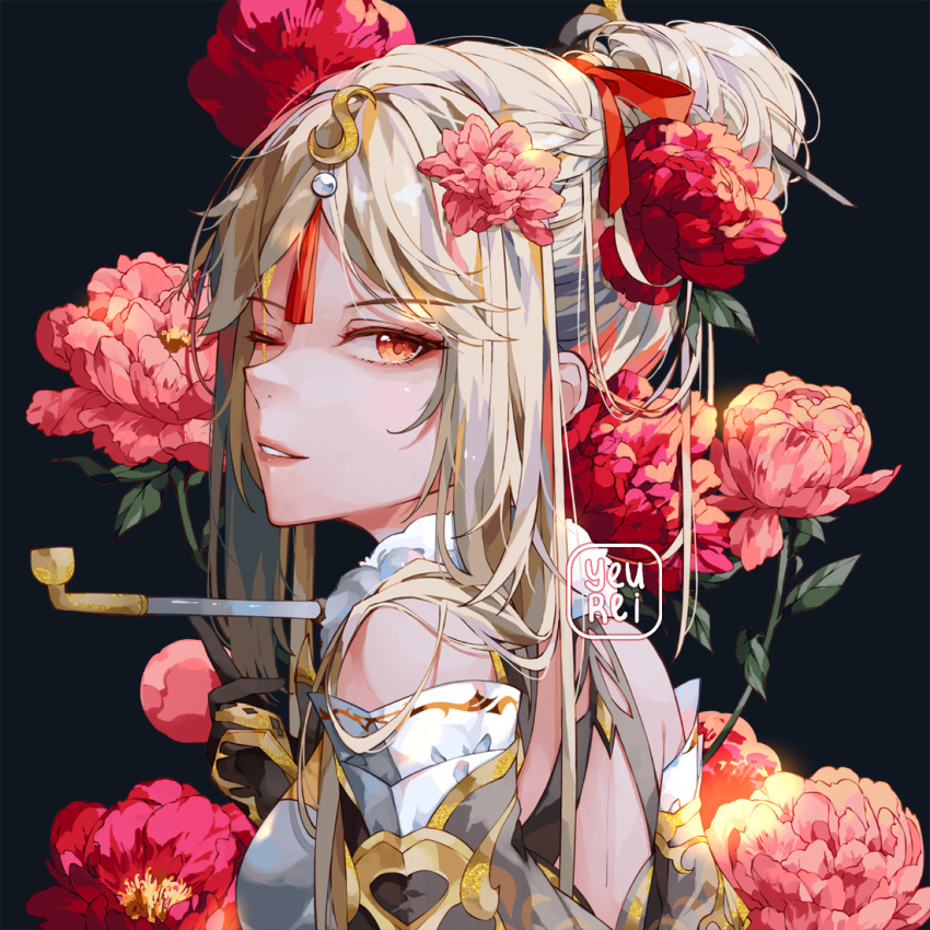 1girl artist_name bare_shoulders black_gloves blonde_hair breasts dark_background flower from_side genshin_impact gloves glowing hair_flower hair_ornament holding holding_pipe leaf looking_at_viewer looking_to_the_side ningguang_(genshin_impact) one_eye_closed pink_flower pipe red_eyes red_flower red_rose rose simple_background solo yeurei