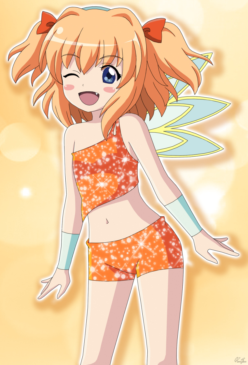 1girl artist_name bangs bare_shoulders blue_eyes blue_wristband blush bow eyebrows_visible_through_hair eyes_visible_through_hair fairy_wings hair_between_eyes hair_bow highres looking_at_viewer one_eye_closed open_mouth orange_hair orange_shirt orange_shorts parody ponytail red_bow remyfive shirt short_hair short_twintails shorts signature simple_background sleeveless smile solo sparkle sparkle_print standing stomach sunny_milk t-shirt teeth tongue touhou twintails wings winx_club wristband yellow_background