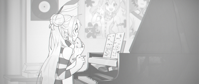 aiko_(synthesizer_v) animal_ears blurry blurry_background book box clothing_cutout commentary double_bun doughnut eating eleanor_forte english_commentary food from_side genbu_(synthesizer_v) highres holding holding_food holding_pen instrument irarugii long_hair looking_at_viewer notebook open_book pen piano poster_(object) rabbit_ears record shirt shoulder_cutout sideways_glance sitting striped striped_shirt synthesizer_v upper_body very_long_hair